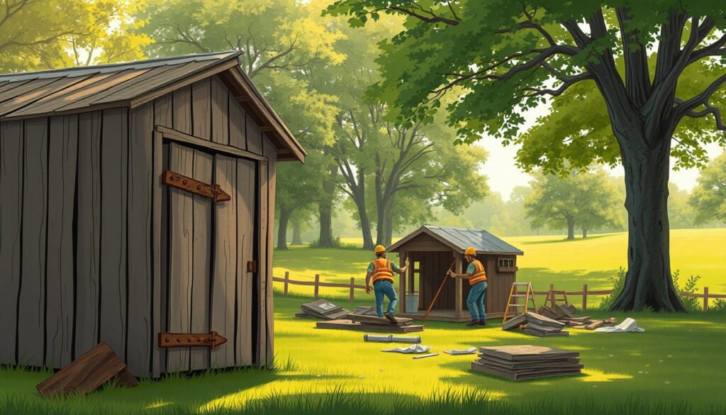 A backyard shed, weathered and worn, stands in the foreground, its wooden panels and rusted hinges a testament to the passage of time. The shed's dilapidated state is evident, with missing boards and a sagging roof. In the middle ground, a team of workers, clad in safety gear, carefully dismantle the structure, their movements precise and efficient. The background is a lush green landscape, with tall trees casting soft shadows across the scene. The lighting is natural, with a warm, golden hue filtering through the surrounding foliage, creating a serene and contemplative atmosphere. A sense of transition and renewal permeates the image, as the old shed is carefully removed to make way for something new.