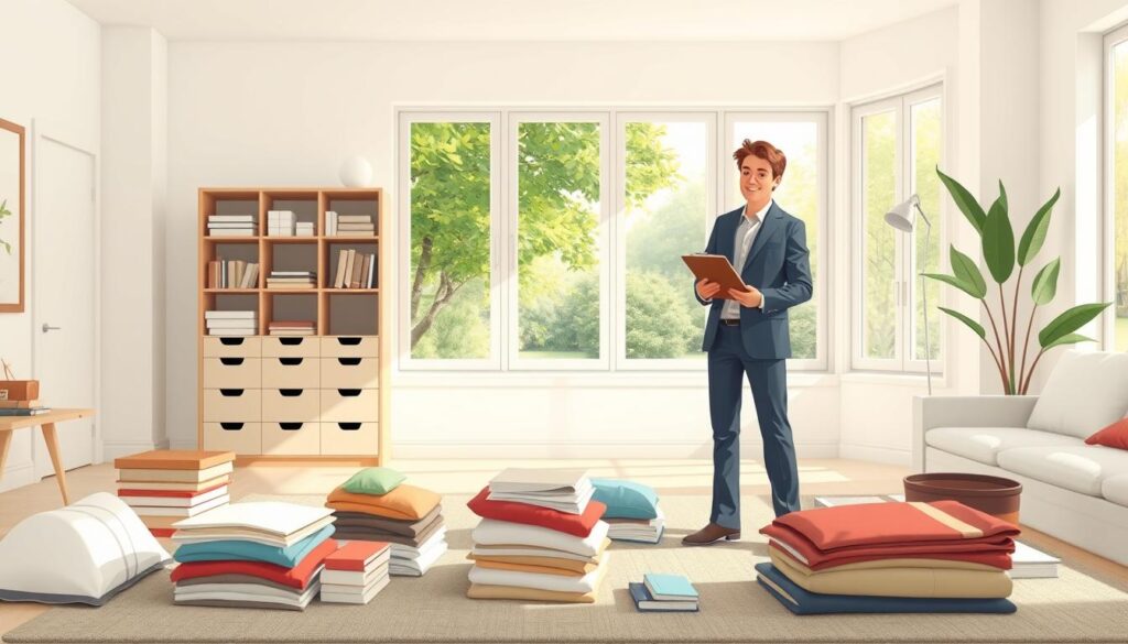 A bright, airy living room with minimalist decor and ample natural light streaming through large windows. In the foreground, a professional decluttering expert in a crisp, tailored outfit assesses the room, clipboard in hand. Carefully curated piles of items to be donated or recycled are neatly arranged, conveying a sense of order and efficiency. The middle ground features a sleek, modern storage unit, its drawers and shelves meticulously organized. In the background, a lush, verdant garden is visible through the windows, creating a calming, restorative atmosphere. The overall scene emanates a sense of serenity, control, and a decluttered, rejuvenated living space.