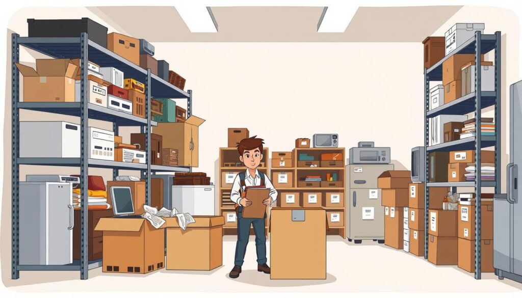 A clean, well-lit workspace with a sturdy metal shelving unit showcasing an array of household items, from furniture and appliances to personal effects. The foreground features a worker, dressed in professional attire, carefully sorting through the belongings, creating a sense of order and organization. The middle ground depicts the various stages of the process, with labeled boxes and a detailed inventory list. In the background, a neutral, minimalist backdrop, suggesting a sense of focus and efficiency. The overall mood is one of diligence and care, conveying the thoughtful approach to the foreclosure cleanout process.