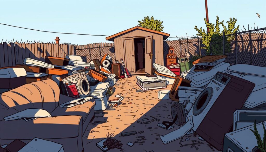 A cluttered backyard strewn with abandoned furniture, mattresses, and household items, casting long shadows under the harsh midday sun. In the foreground, a tattered sofa and a rusting washing machine sit among piles of discarded items, conveying a sense of neglect and decay. The middle ground features a dilapidated shed, its door hanging open, hinting at the untold stories of the once-occupied home. In the background, a chain-link fence and overgrown weeds suggest the property's isolation, creating a somber, weathered atmosphere that captures the aftermath of a foreclosure event.