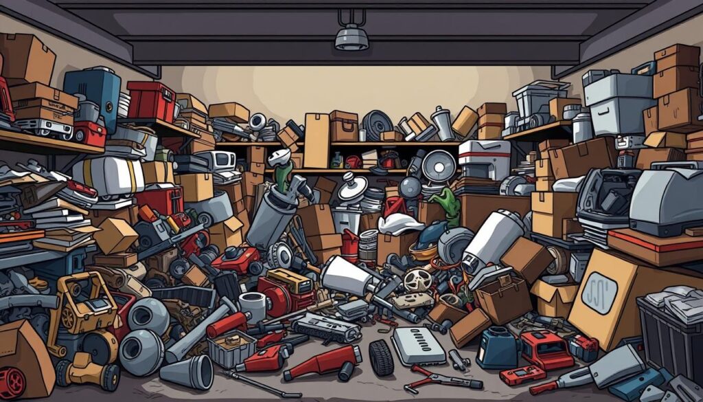 A cluttered garage filled with an assortment of discarded items, ready for a thorough decluttering. In the foreground, a jumble of old tools, car parts, and worn-out household goods await their fate. The middle ground showcases miscellaneous boxes, bags, and forgotten treasures, all in need of careful evaluation. In the background, shadows cast by the overhead lighting create a sense of depth, emphasizing the sheer volume of items occupying the space. The mood is one of anticipation, as the scene sets the stage for a transformative garage cleanout in Glendale, ready to be tackled with determination and efficiency.