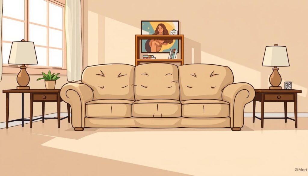 A cozy living room in Peoria, IL, with a well-worn but sturdy beige couch positioned in the foreground, ready to be donated. Soft, natural lighting filters through large windows, casting a warm glow on the scene. The couch is flanked by a pair of end tables, each adorned with a simple lamp and a decorative plant. In the middle ground, a wooden bookshelf stands, its shelves neatly organized with a few trinkets and books. The background features neutral-toned walls, complemented by a vibrant piece of artwork that adds a touch of personality to the space. The overall atmosphere conveys a sense of homeliness and readiness for the couch's next chapter as a donated item.