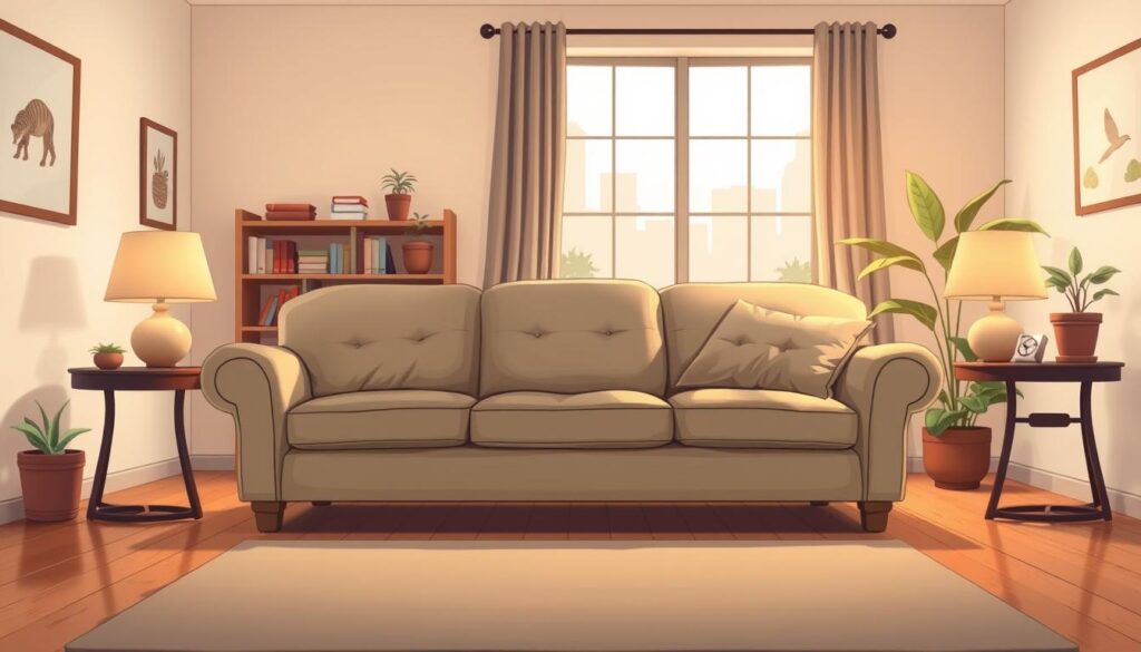 A cozy living room interior in Peoria, Arizona, with a plush, well-worn donate couch taking center stage. Soft, diffused lighting from a large window casts a warm glow, highlighting the couch's inviting fabric and worn-in cushions. In the background, a bookshelf and potted plants add a touch of homey charm, while the hardwood floors and neutral walls create a soothing, minimalist backdrop. The overall atmosphere is one of comfort and generosity, encouraging the viewer to imagine the couch finding a new home and bringing joy to its next owner.