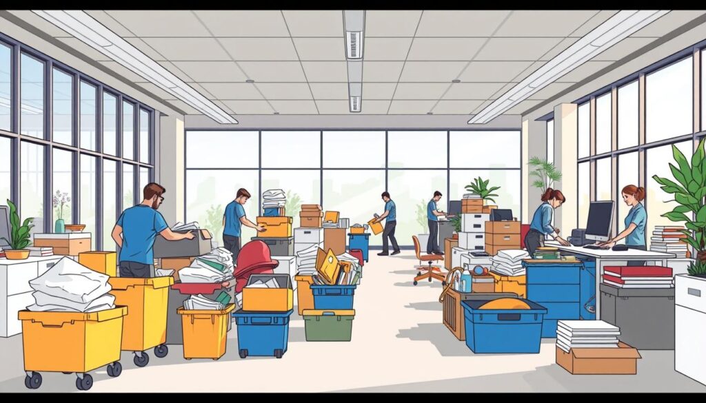 A modern office space in Scottsdale, Arizona, with an abundance of natural light streaming through large windows. In the foreground, professional workers efficiently clearing out unwanted items, carefully loading them into specialized bins and containers. The middle ground showcases a well-organized, streamlined process, with clearly defined workstations and strategic piles of items ready for disposal or donation. In the background, a team of experienced cleaners meticulously tidying the space, ensuring a pristine and organized environment. The scene conveys a sense of productivity, efficiency, and expertise, perfectly capturing the essence of a hassle-free office cleanout service in Scottsdale.