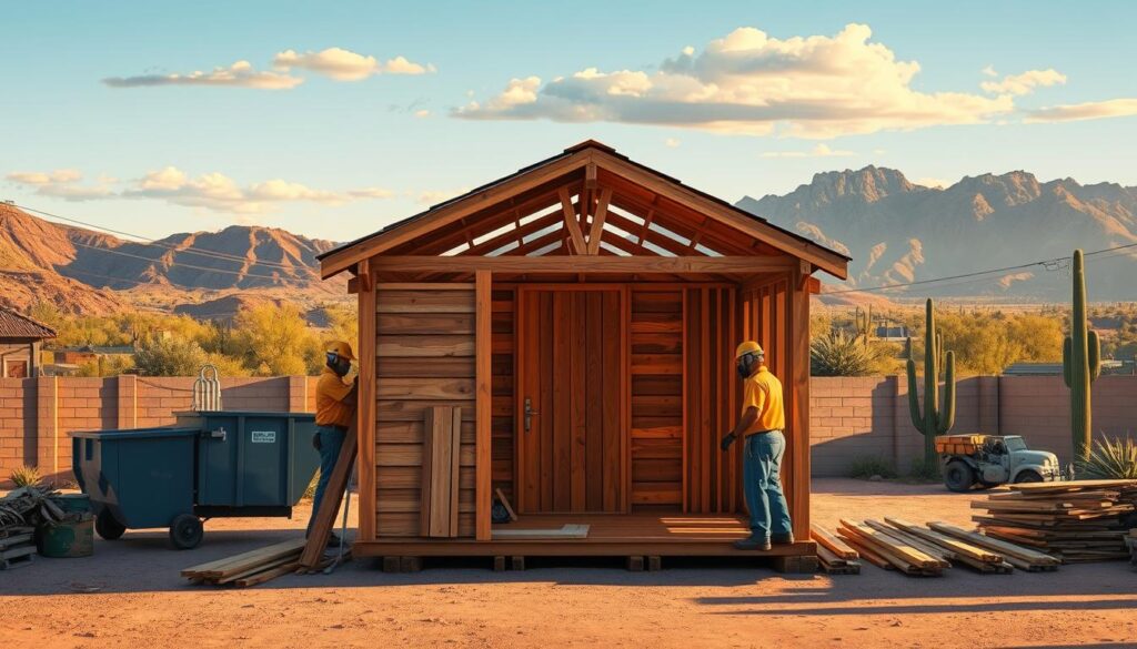 A neatly organized construction site in Peoria, Arizona, with a weathered wooden shed in the foreground, its roof panels and siding planks being carefully dismantled by a team of skilled workers. The middle ground features a dumpster and piles of discarded materials, while the background showcases the vibrant desert landscape, with cacti and mountains visible in the distance. The scene is bathed in warm, golden sunlight, casting long shadows and creating a sense of productivity and purpose. The overall atmosphere conveys the professionalism and attention to detail that a reputable demolition service would bring to the task of safely and efficiently removing an unwanted shed.