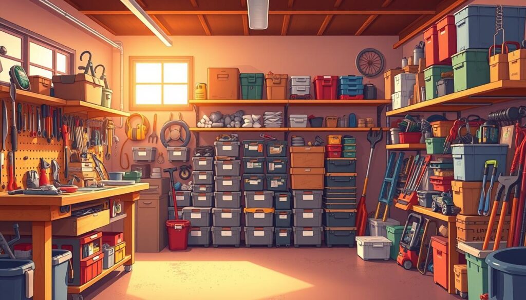 A neatly organized garage interior, with tools, boxes, and various items meticulously stacked and arranged. Warm, natural lighting filters through the windows, casting a cozy glow over the scene. In the foreground, a sturdy workbench stands, adorned with an array of neatly organized tools and hardware. The middle ground showcases a series of labeled storage containers, each precisely positioned for easy access. In the background, shelves line the walls, displaying an orderly collection of automotive parts, gardening equipment, and other well-maintained items. The overall atmosphere conveys a sense of efficiency, cleanliness, and a skillful approach to garage organization.