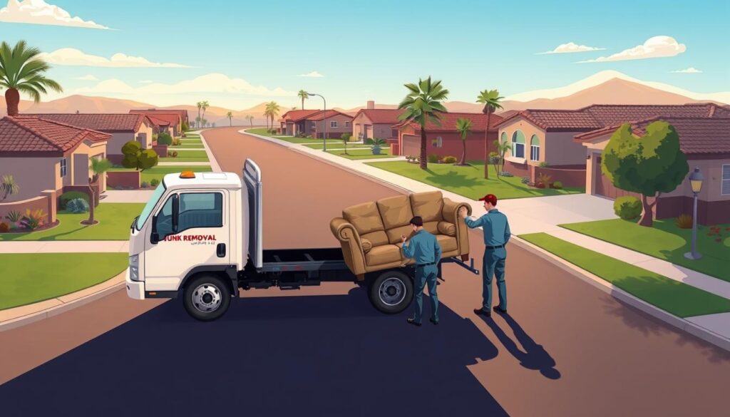 A neatly organized truck with the "Junk Removal Surprise AZ" logo on its side, parked on a residential street in Surprise, Arizona. The vehicle is well-lit, casting long shadows that stretch across the pavement. In the foreground, a team of uniformed professionals efficiently loading an old, worn-out couch into the back of the truck. The middle ground features well-manicured lawns and well-kept homes, conveying a sense of a tidy, well-maintained neighborhood. The background showcases the typical Southwestern architecture and landscape, with the occasional palm tree and a clear, blue sky overhead, creating a warm, inviting atmosphere.