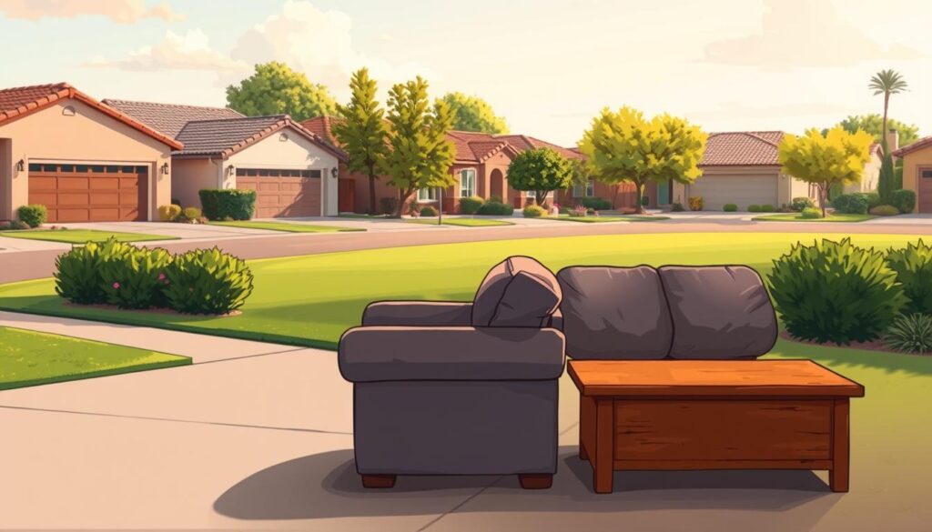 A peaceful residential neighborhood in Surprise, Arizona, on a sunny afternoon. In the foreground, a neatly organized stack of discarded furniture, including a well-worn couch, armchair, and a wooden coffee table. The pieces are positioned with care, awaiting proper disposal. The middle ground features a meticulously trimmed lawn and a tidy driveway, conveying a sense of order and preparedness. In the background, a row of well-maintained houses with lush, verdant landscaping create a serene, suburban atmosphere. Warm, diffused lighting illuminates the scene, highlighting the textures and colors of the furniture and the surrounding environment. The overall mood is one of thoughtful organization and responsible furniture disposal.