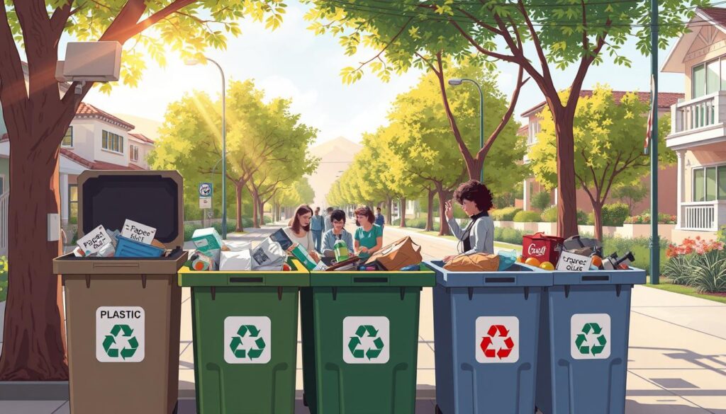 A picturesque scene of eco-friendly disposal practices in Glendale. In the foreground, a well-organized recycling station with labeled bins for paper, plastic, glass, and organic waste. Sunlight filters through nearby trees, casting a warm, natural glow. In the middle ground, a group of residents diligently sorting their household items, demonstrating a shared commitment to sustainability. The background features a clean, well-maintained street lined with lush greenery, suggesting a vibrant, environmentally conscious community. The overall mood is one of harmony, where responsible waste management is seamlessly integrated into the daily lives of Glendale residents.