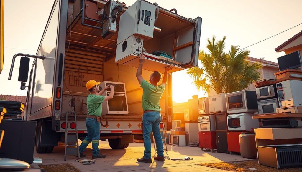 A professional team of junk removal specialists working efficiently to clear a cluttered Peoria, AZ backyard. In the foreground, workers carefully disassemble and load a disused appliance onto a truck, their faces focused and determined. In the middle ground, stacks of discarded furniture and electronics await collection, while in the background, the sun casts a warm, golden glow over the scene, creating a sense of productivity and purpose. The lighting is soft and natural, captured by a wide-angle lens to showcase the scale of the operation. An atmosphere of organization and professionalism pervades the image, reflecting the expertise of the junk removal professionals at work.