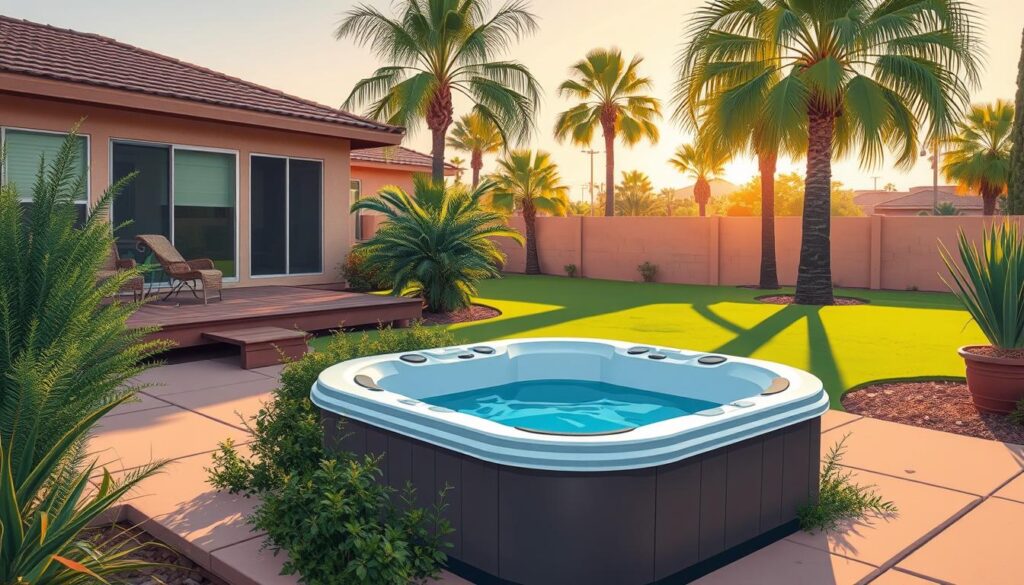 A residential backyard in Surprise, Arizona. In the foreground, a decommissioned hot tub sits on a concrete slab, its gleaming acrylic shell surrounded by overgrown vegetation. The mid-ground shows a well-maintained wooden deck, and in the background, a neatly trimmed lawn is framed by palm trees swaying gently in the warm desert breeze. The scene is bathed in soft, golden afternoon light, creating a sense of tranquility and a touch of nostalgia. The overall mood conveys the need for a professional hot tub removal service to clean up this neglected corner of the property.