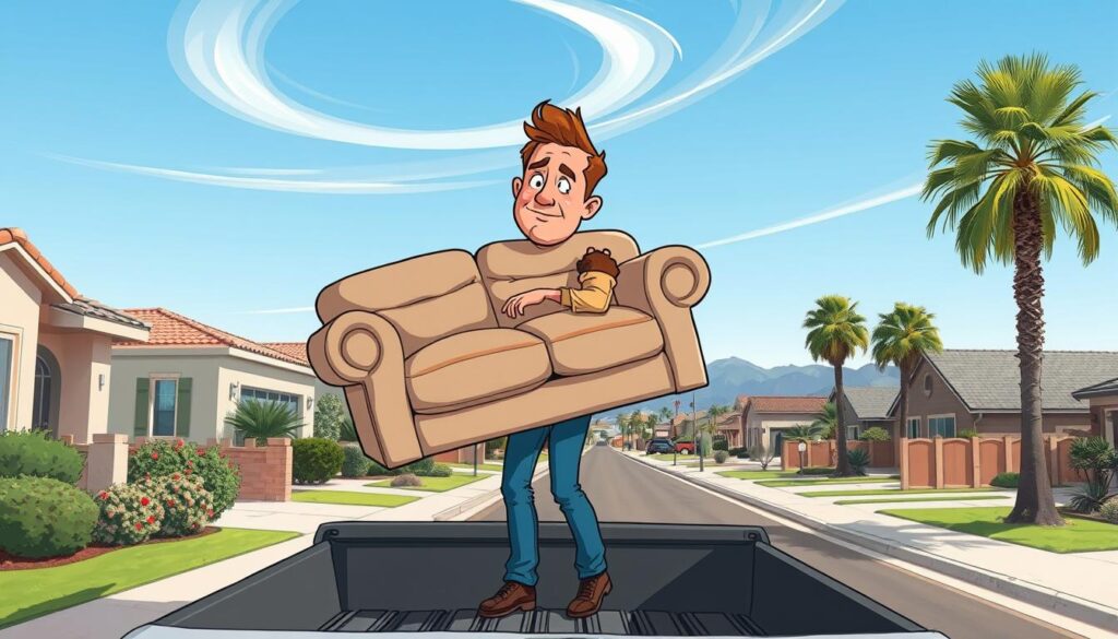 A residential street in Surprise, Arizona, on a bright sunny day. In the foreground, a homeowner carefully loads a worn, well-loved sofa onto the back of a pickup truck. The sofa's cushions are slightly worn, and the fabric has faded over time, but it still looks sturdy and comfortable. The homeowner's expression is one of mild surprise and satisfaction, as they navigate the unexpected task of furniture disposal. In the middle ground, neatly manicured lawns and well-maintained homes line the street, creating a sense of a tidy, well-kept neighborhood. The background features the clear blue sky, with a few wispy clouds drifting overhead, and the distant silhouettes of palm trees and other lush vegetation, typical of the Southwestern landscape.