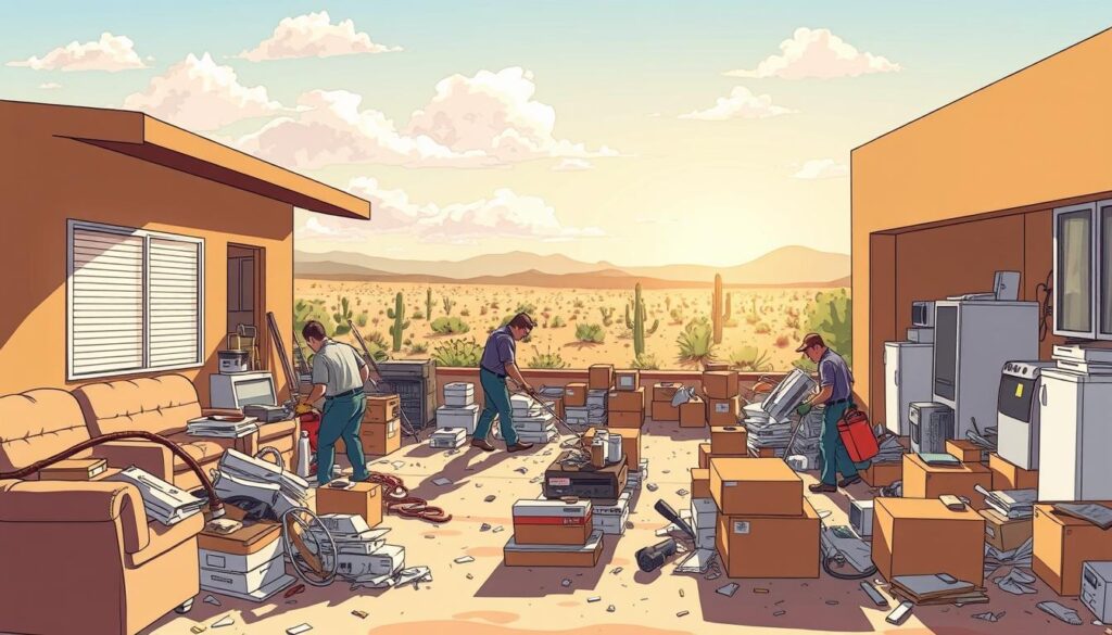 A sun-drenched foreclosure cleanup site in Litchfield Park, Arizona. In the foreground, a team of professional cleaners methodically sorting through the remnants of a vacated home - furniture, personal belongings, discarded items. Mid-ground, a spacious garage filled with boxes and discarded appliances, the detritus of a once-thriving household. In the background, the warm desert landscape, cacti and scrubland stretching towards the horizon. Bright, natural lighting casts long shadows, highlighting the bittersweet task at hand. The mood is one of quiet efficiency, a necessary task undertaken with care and diligence.