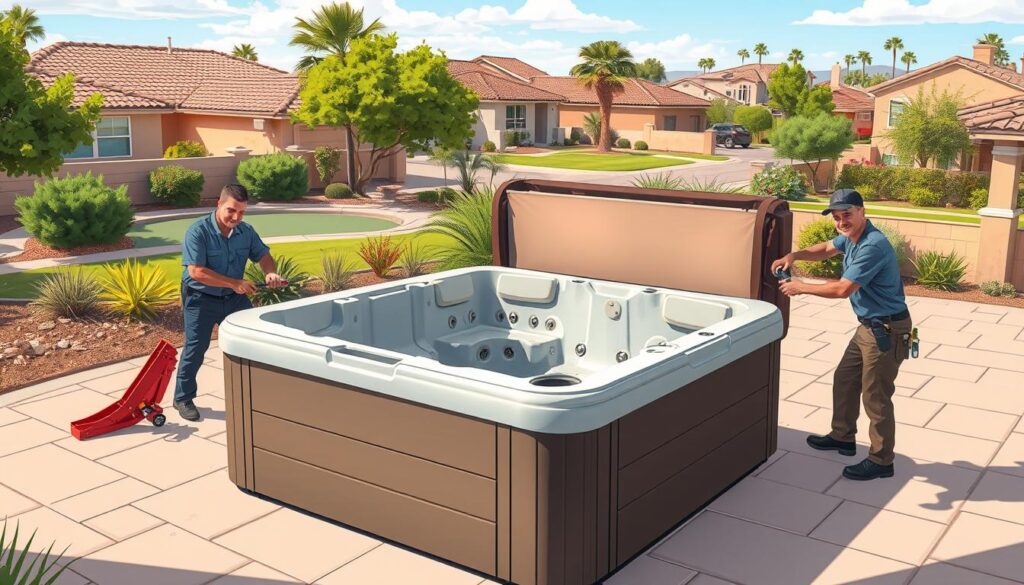 A sunny day in Surprise, Arizona, with a well-manicured suburban neighborhood in the background. In the foreground, a large, rectangular hot tub sits on a paved patio, surrounded by lush greenery. The hot tub's cover is off, revealing its worn exterior. A team of two Junk Butlers workers, dressed in uniforms, are carefully disassembling the hot tub, using specialized tools and equipment. The scene conveys a sense of efficient and professional hot tub removal, with the workers' expressions focused on their task. The lighting is soft and natural, casting warm shadows and highlights on the scene. The overall mood is one of a straightforward and competent hot tub removal service, ready to assist homeowners in Surprise, Arizona.