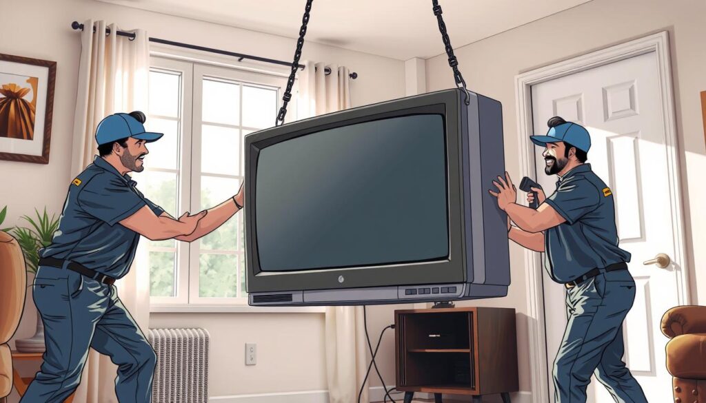 A well-lit, high-resolution photograph of a Junk Butler team efficiently removing an old, outdated TV from a Glendale home. The team, dressed in professional uniforms, carefully lifts the TV with specialized equipment, showcasing their expertise in responsible e-waste disposal. The room is tidy, with natural lighting illuminating the scene, and the TV's screen is blank, emphasizing its obsolescence. The overall composition conveys a sense of professionalism, environmental consciousness, and reliable service, aligning with the "Junk Butlers: Your E-Waste Disposal Partner" section of the article.
