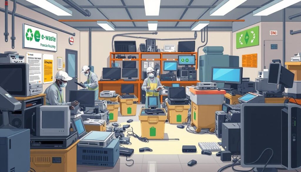 A well-lit interior space showcasing the orderly disposal of various electronic devices, including desktops, laptops, monitors, and peripherals, at a professional e-waste recycling facility in Glendale, Arizona. The scene features efficient, eco-friendly collection and sorting processes, with workers in protective gear meticulously handling the equipment. The background displays informative signage and industry-specific equipment, conveying a sense of responsibility and environmental awareness. The overall composition emphasizes the benefits of entrusting e-waste disposal to qualified professionals, ensuring proper recycling and mitigating the impact on the local community and the environment.