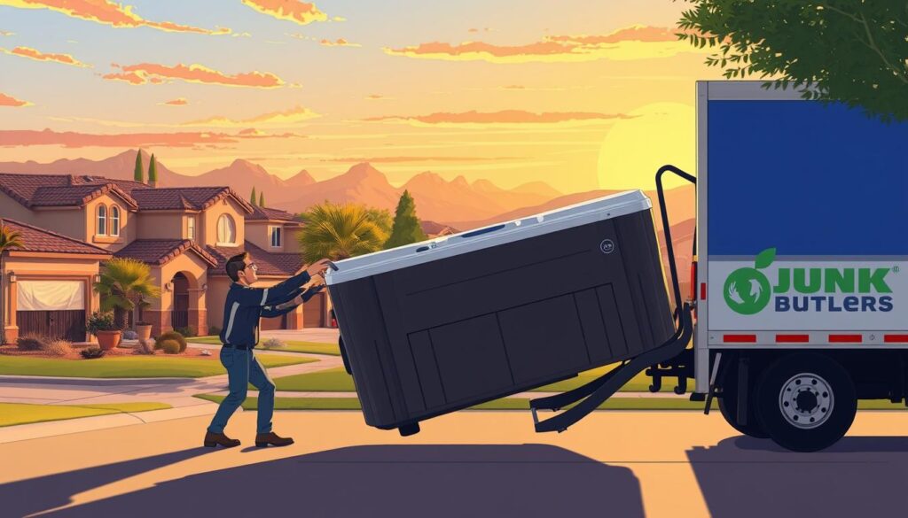 A well-lit, modern scene showcasing the safe and efficient disposal of an old hot tub in Surprise, Arizona. In the foreground, a team of professional junk removal experts from Junk Butlers carefully guide the decommissioned hot tub onto a specialized truck, ensuring a seamless and eco-friendly removal process. The middle ground depicts the tranquil suburban neighborhood, with well-maintained homes and lush landscaping, emphasizing the benefits of this service for the local community. The background features the iconic Arizona skyline, with the warm hues of the setting sun casting a golden glow over the entire scene, conveying a sense of satisfaction and a job well done.
