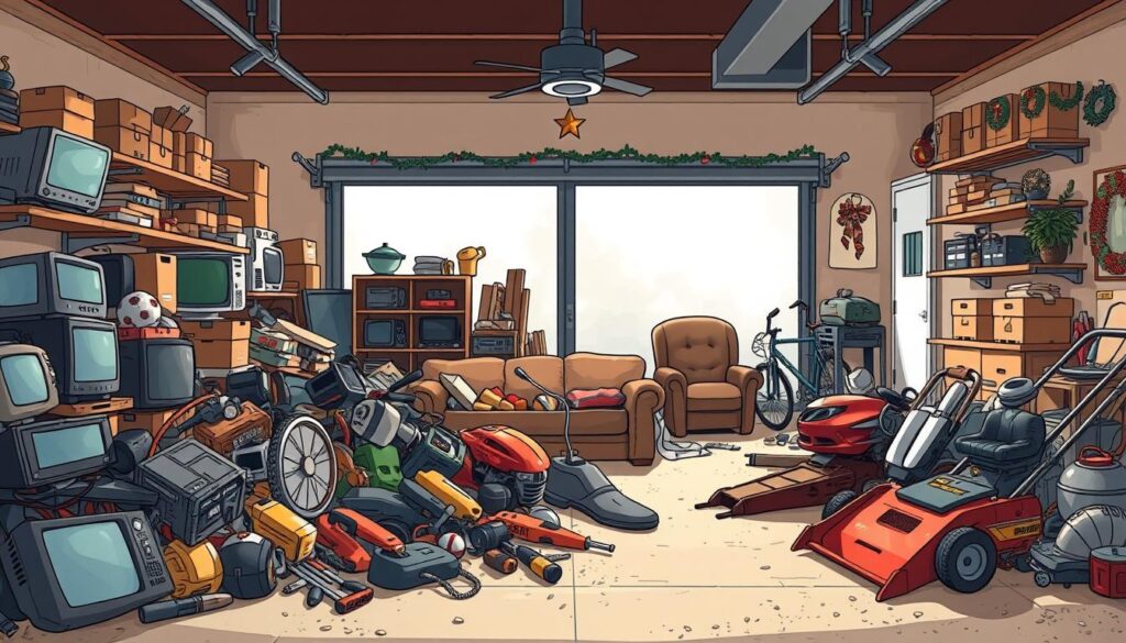 A well-lit, spacious garage interior with an assortment of discarded items strewn about. In the foreground, a jumbled pile of outdated electronics, tools, and sports equipment. In the middle ground, an old sofa, a broken chair, and a rusting lawn mower. The background features shelves lined with dusty boxes, forgotten holiday decorations, and a hazy view of the garage door. The overall scene conveys a sense of disorganization and accumulated clutter, ready to be cleared out and refreshed.