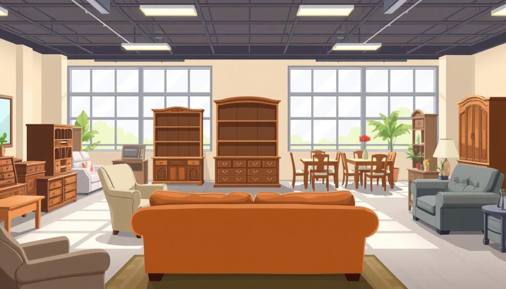 A well-lit, spacious showroom interior showcasing a variety of donated furniture items. In the foreground, a cozy sofa, armchair, and coffee table are neatly arranged. In the middle ground, a wooden dresser, bookshelf, and dining table set are displayed. The background features a wall of large windows, allowing natural light to flood the space and create a warm, inviting atmosphere. The overall scene conveys a sense of organization, cleanliness, and a commitment to providing quality donated furniture to the Peoria community.