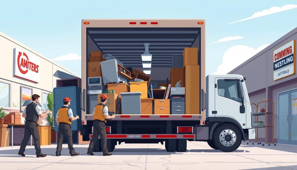 A well-organized commercial junk removal service in Scottsdale, Arizona. The foreground depicts a team of uniformed workers efficiently loading a large truck with discarded office furniture and equipment. The middle ground showcases a tidy, decluttered office space, highlighting the benefits of a clean and organized work environment. The background features the company's branding and signage, conveying a professional and trustworthy image. The lighting is bright and natural, creating a sense of clarity and productivity. The camera angle is slightly elevated, offering a comprehensive view of the scene. The overall mood is one of productivity, efficiency, and a commitment to creating a clean and functional workspace.