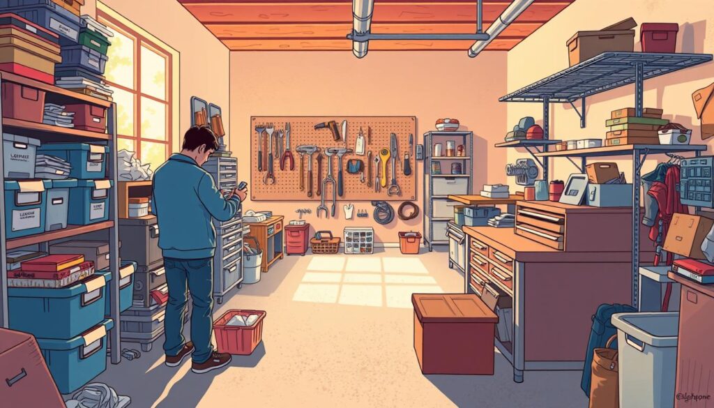 A well-organized garage, with neatly stacked shelves, labeled storage bins, and a clean, uncluttered floor. In the foreground, a person sorting through various items, evaluating what to keep, donate, or discard. Warm, natural lighting filters in through large windows, casting a cozy glow. The middle ground features a pegboard adorned with carefully hung tools, and a workbench with organized drawers. In the background, a wall-mounted tool rack and a series of sturdy metal shelves holding organized items. The overall atmosphere conveys a sense of efficiency, productivity, and the satisfaction of a decluttered, functional space.