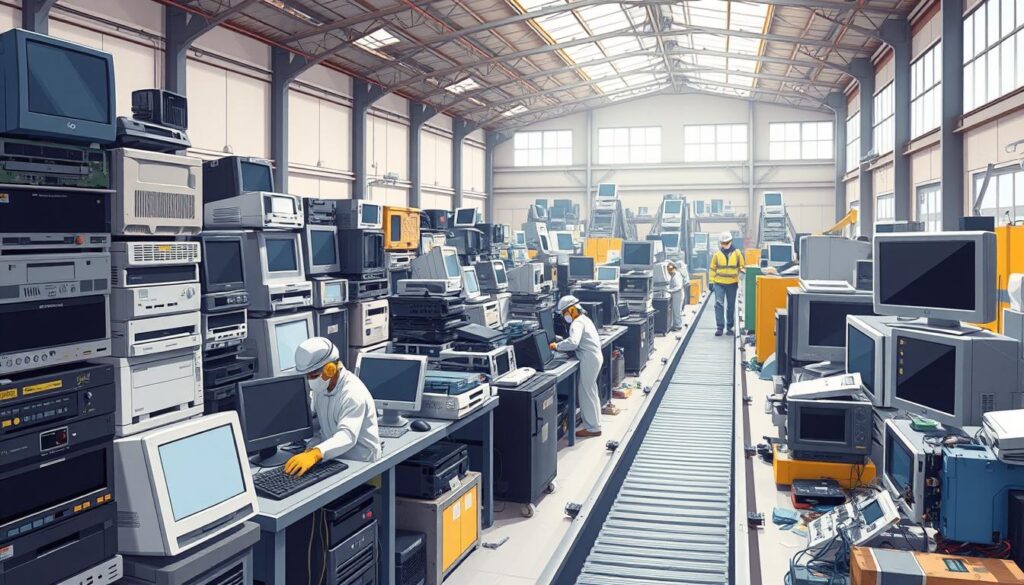 An electronics recycling facility in Glendale, with stacks of old computers, monitors, and other e-waste being sorted and processed. In the foreground, workers in protective gear carefully disassemble the devices, separating the various components for proper recycling. The middle ground shows conveyor belts and sorting stations, while the background features the industrial warehouse setting with high ceilings and ample natural lighting streaming in through large windows. The overall scene conveys the importance of responsible e-waste disposal, with a sense of efficiency and environmental consciousness.