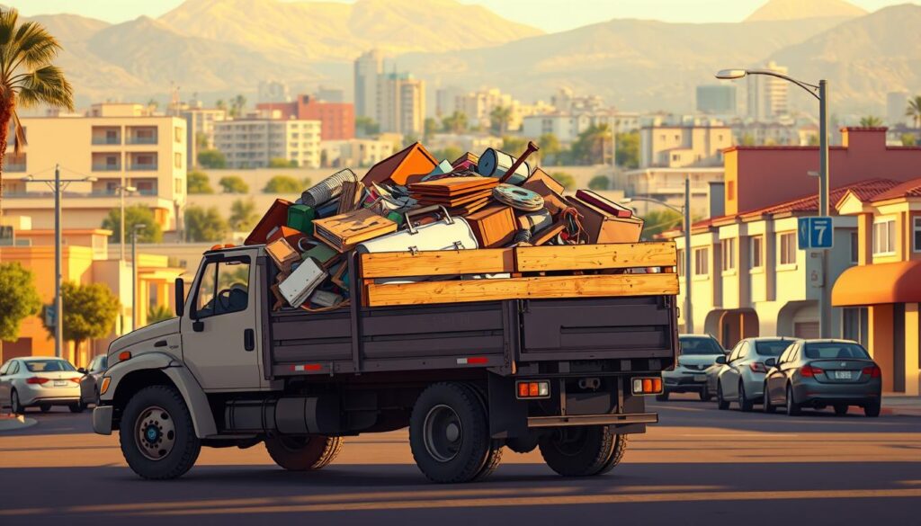 Junk hauling truck in the bustling streets of Tolleson, AZ, its bed filled to the brim with discarded items, debris, and unwanted possessions. The vehicle, a rugged workhorse, stands as a symbol of the city's garage cleanout services, ready to liberate homeowners from the clutches of clutter. Warm afternoon sunlight casts long shadows, emphasizing the truck's utilitarian design and the sense of purpose it embodies. In the background, the cityscape of Tolleson unfolds, a mix of residential and commercial buildings, reflecting the diverse community this service caters to. The scene conveys a mood of efficiency, practicality, and the satisfaction of a job well done, capturing the essence of why local residents choose to rely on garage cleanout experts in Tolleson.